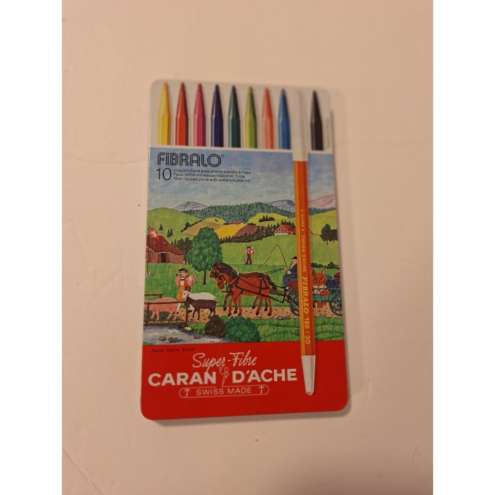Caran d'Ache Fibralo Fibre Felt/Brush Tipped Markers. Swiss Made Metal Tin READ